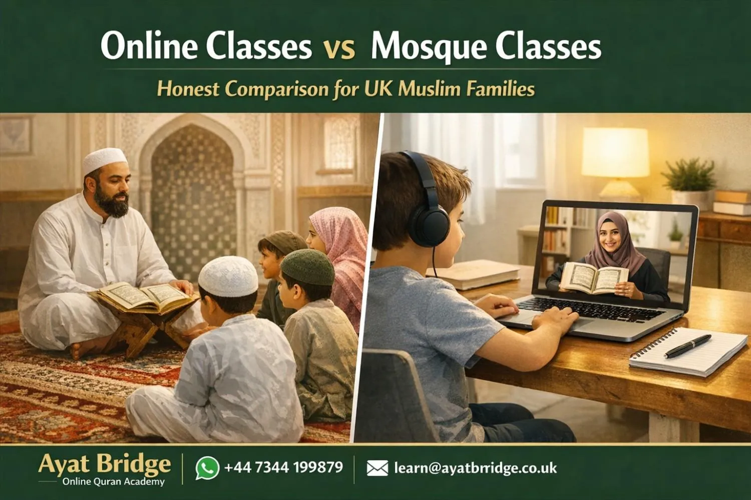 Image Alt Text (SEO) Split image showing mosque Quran classroom on left and online Quran lesson on screen on right UK