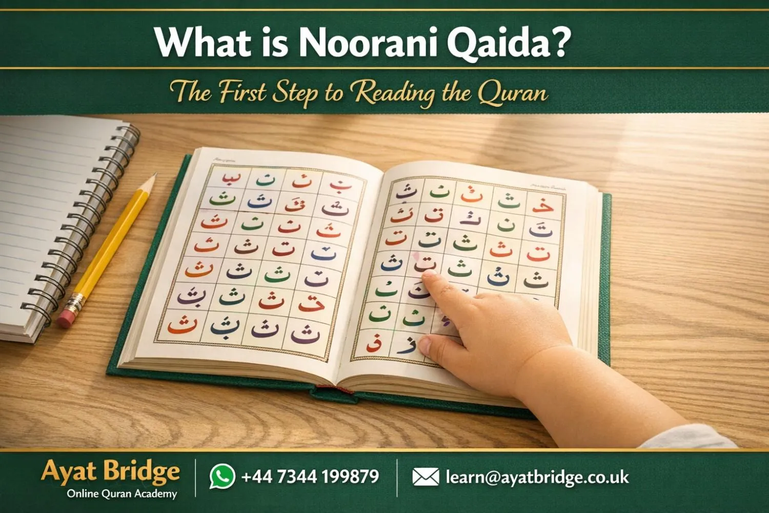 Noorani Qaida book open showing Arabic letters with online Quran class screen in background UK
