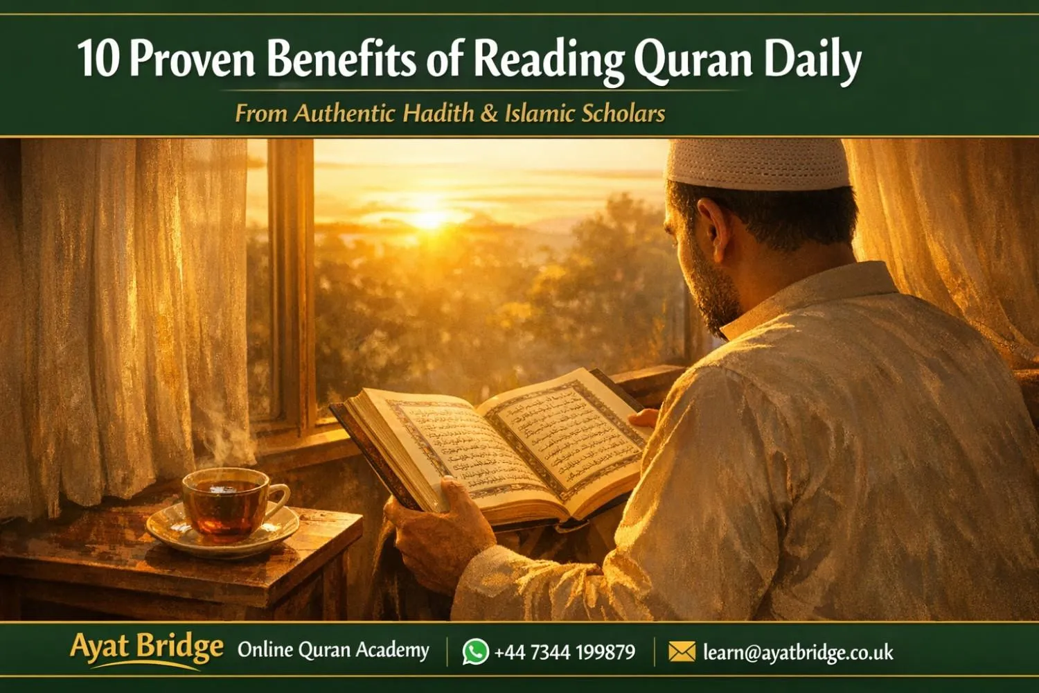 Muslim person reading Quran in morning light — peaceful daily Quran habit