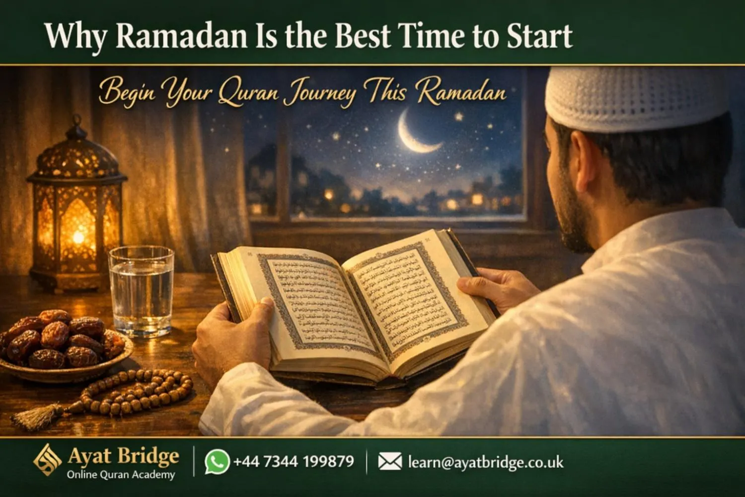 Muslim person opening Quran during Ramadan with crescent moon and mosque in background UK