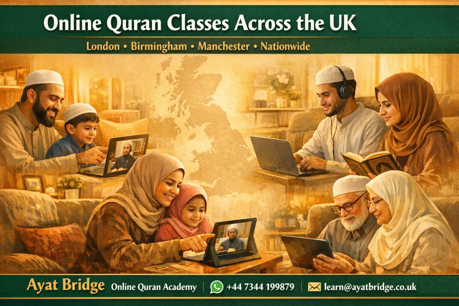 UK map showing major Muslim cities London Birmingham Manchester Bradford Leicester where Ayat Bridge serves