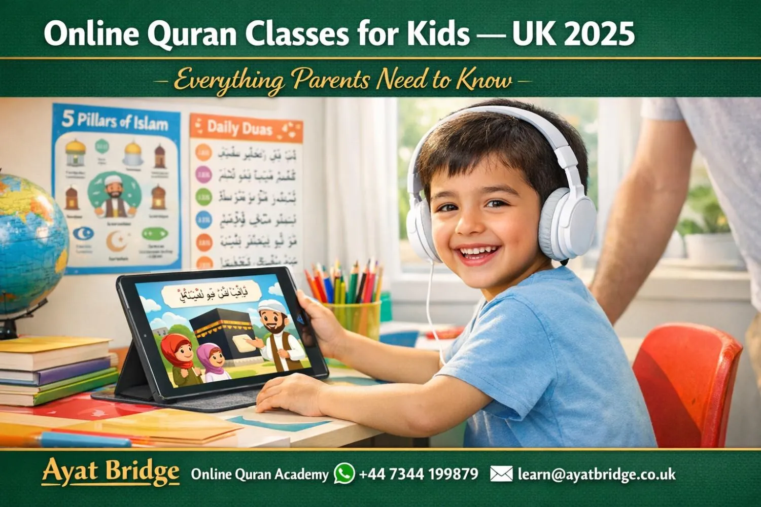 Young Muslim child learning Quran online at home with certified teacher on screen UK 2026