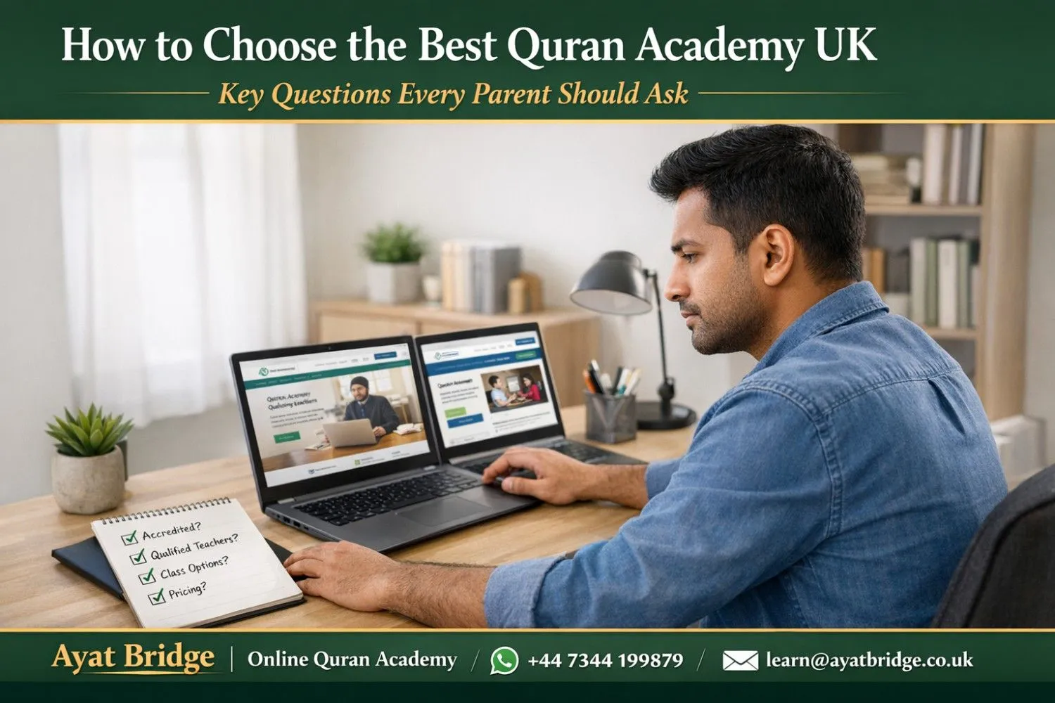 UK parent carefully comparing online Quran academies on laptop before enrolling child